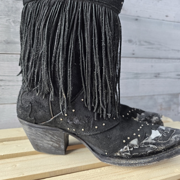 Dan Post Mid Calf Suede Leather Fringe Western Black Boots Size 6 - Picture 3 of 16